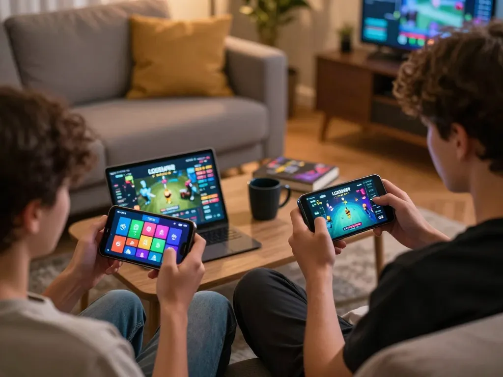 Players enjoy LGOSUPER games on mobile devices in a cozy home setting