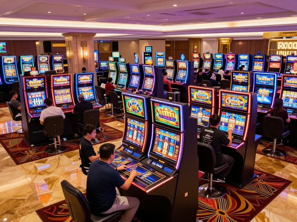 Nổ hũ players enjoying a lively casino atmosphere with vibrant slot machines.