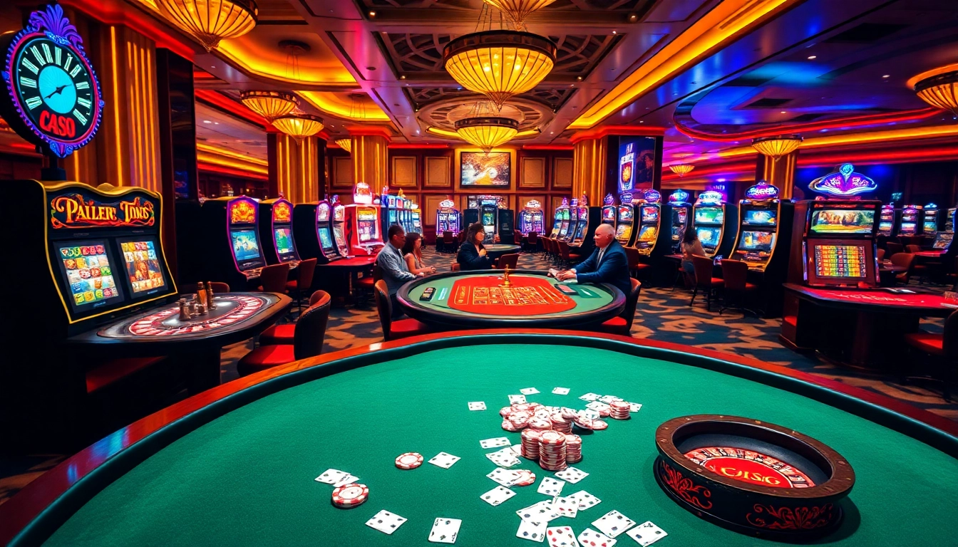 Casino excitement at 555win1.it.com with players engaged in table games and vibrant slot machines.