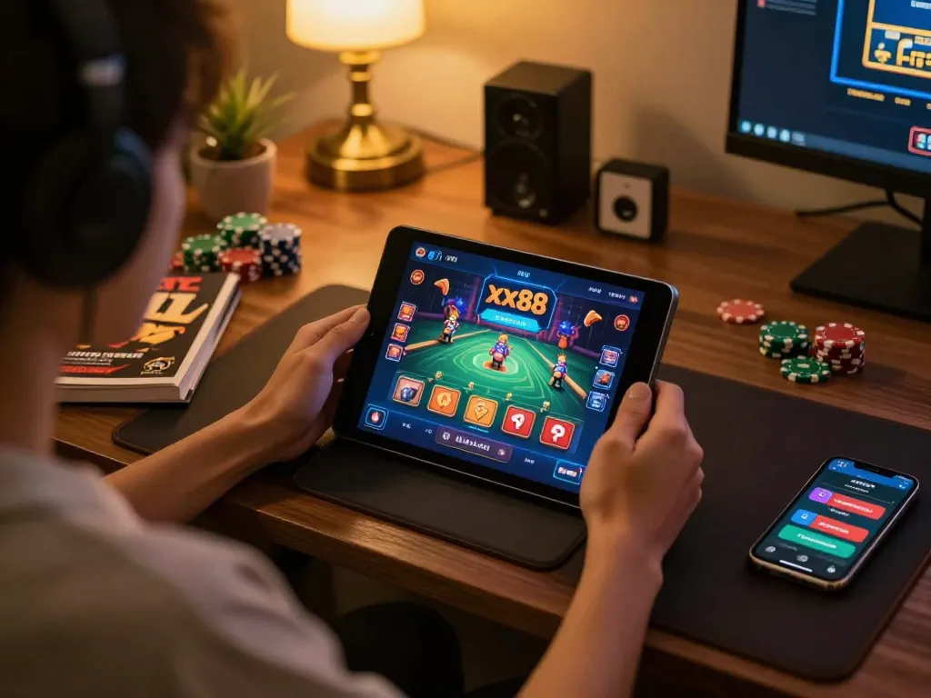 Engaged user playing xx88 casino app on tablet in a cozy gaming setup.