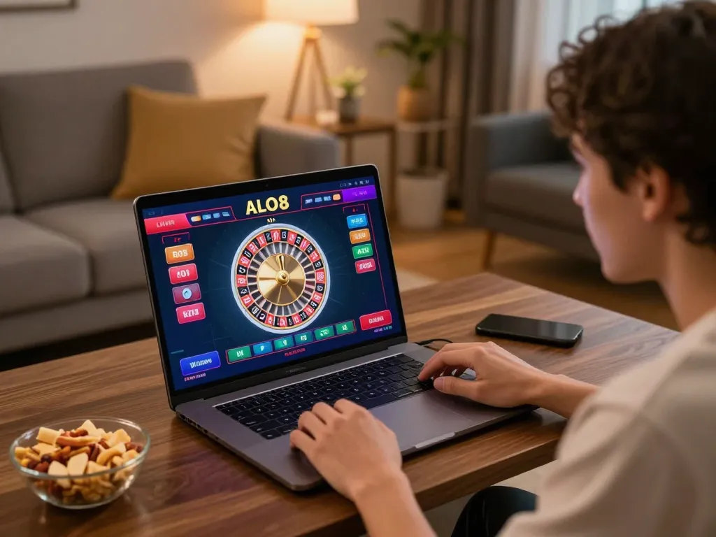 Player enjoying ALO8 online casino roulette on laptop, showcasing excitement and strategic gameplay.