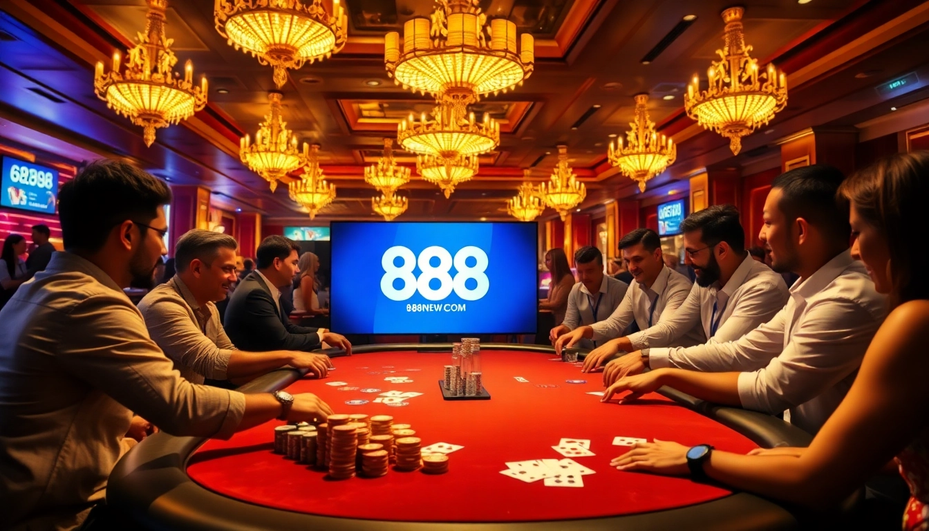 A thrilling poker game scene featuring the 888NEW COM logo amidst luxurious casino decor and vibrant action.