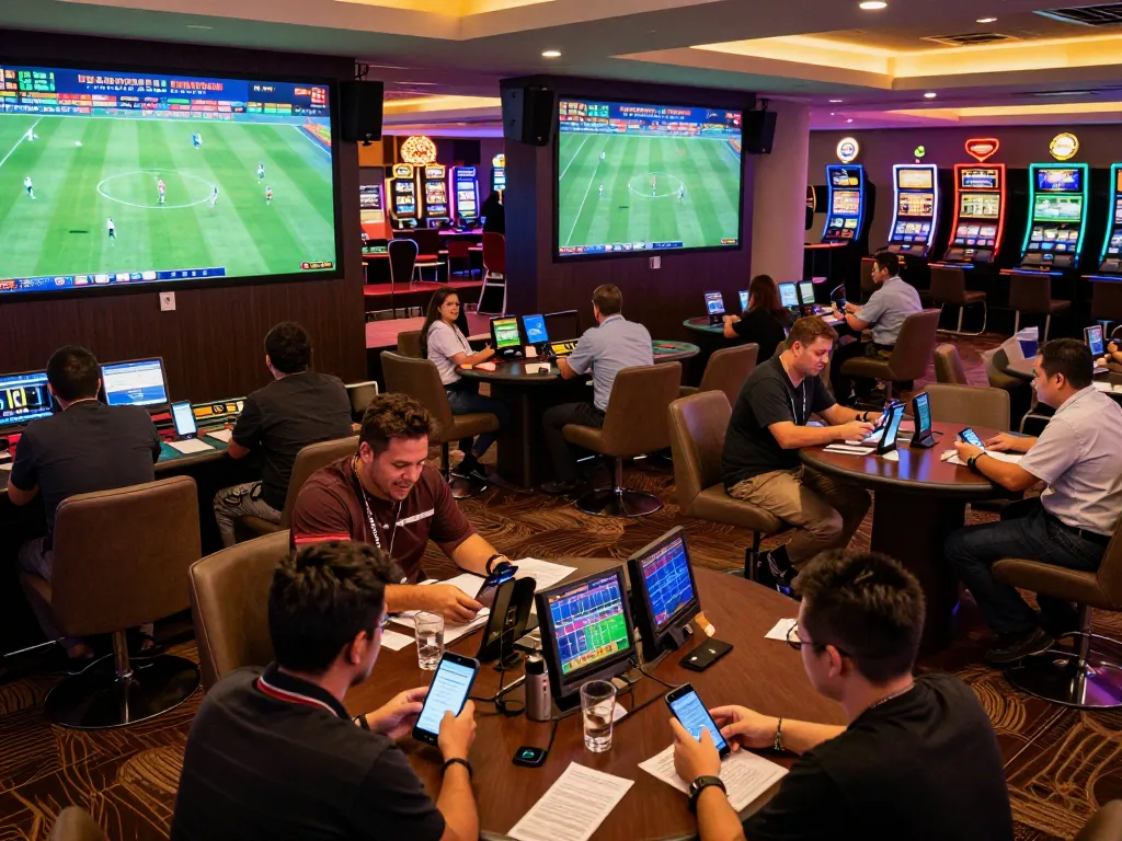 Betting enthusiasts analyzing kèo nhà cái in a vibrant sports lounge, live action displayed on screens.