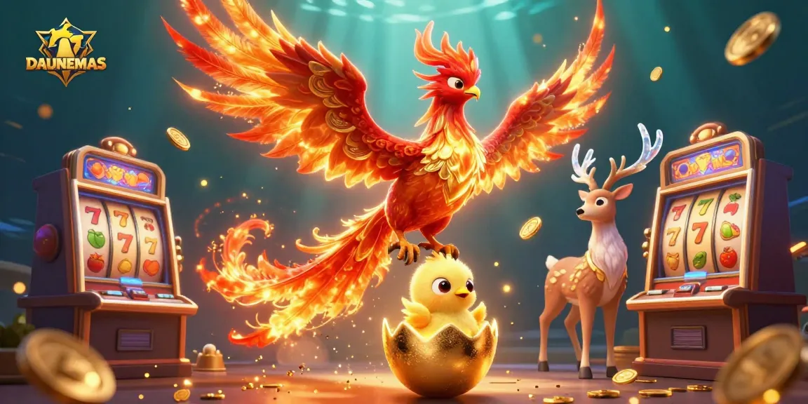 DAUNEMAS showcases a lively scene with a phoenix and slot machines, creating excitement for casino players.