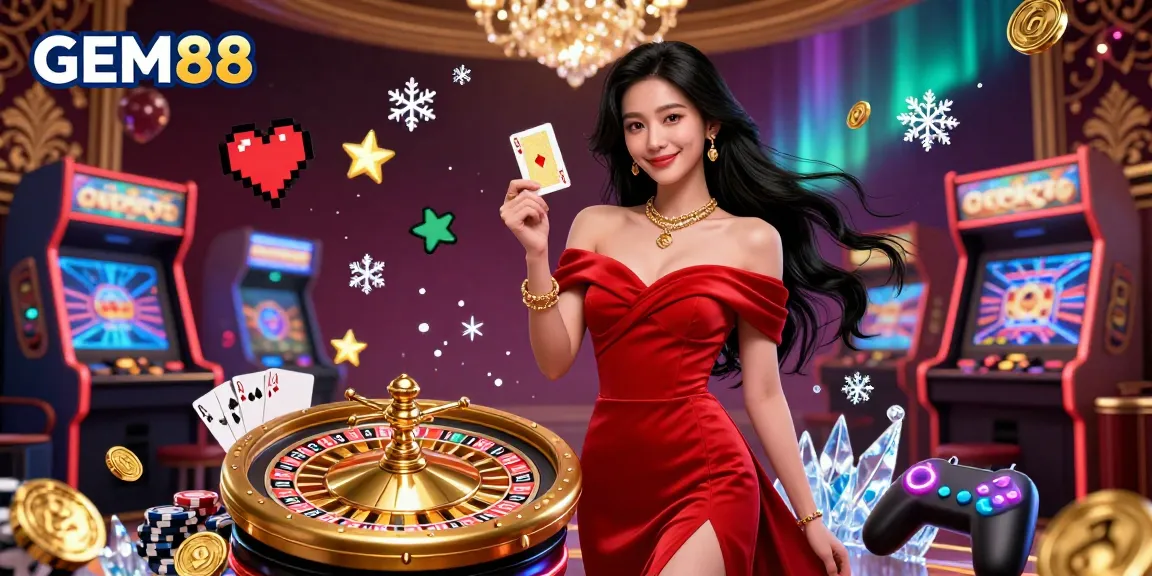 Experience GEM88 through a vibrant casino illustration showcasing a beautiful dealer by a roulette wheel.