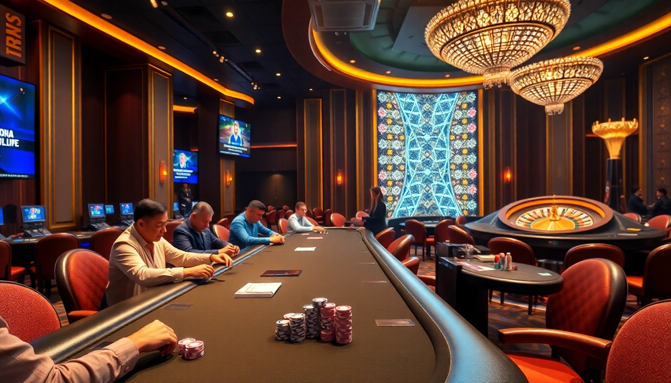 Situs Judi Bola Piala Dunia 2027 poker table with vibrant chips and betting action in a luxurious casino.