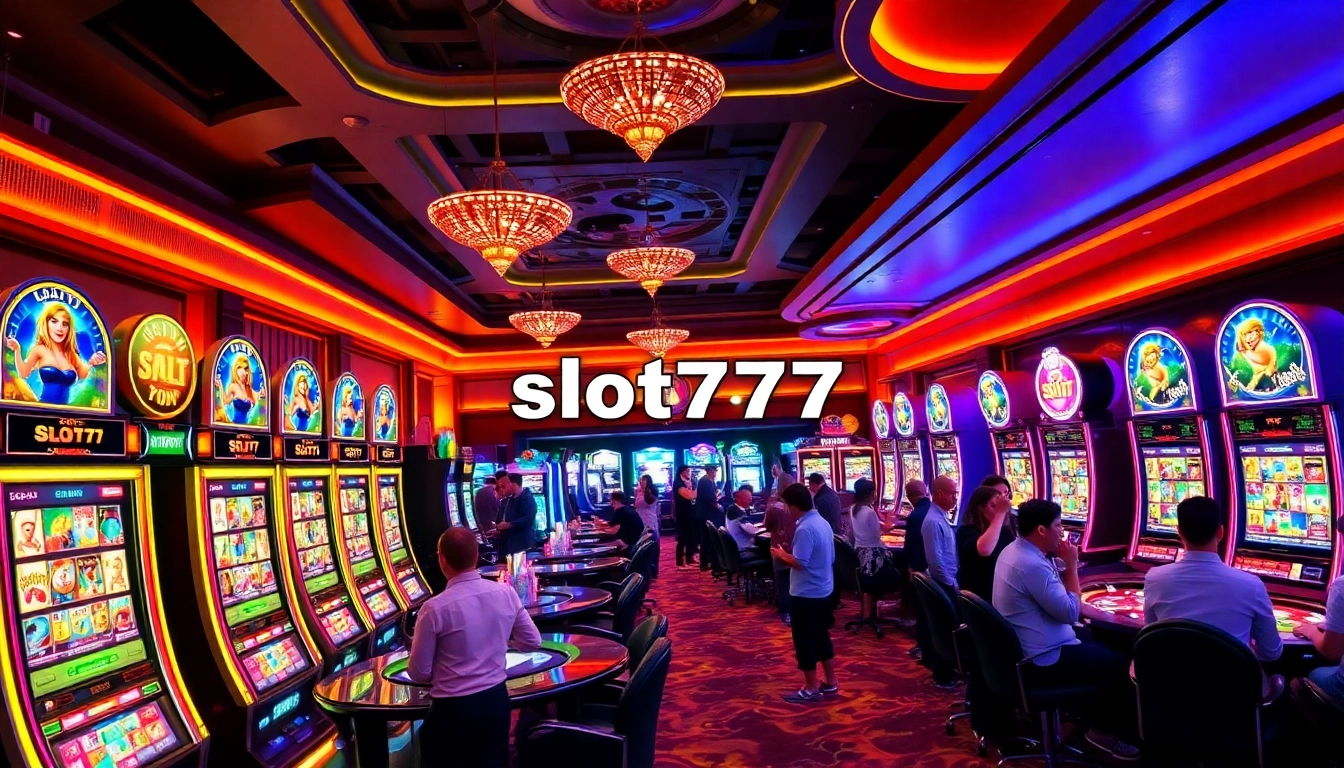 Experience the thrill of slot777 at a vibrant casino with excited players and dazzling slot machines.