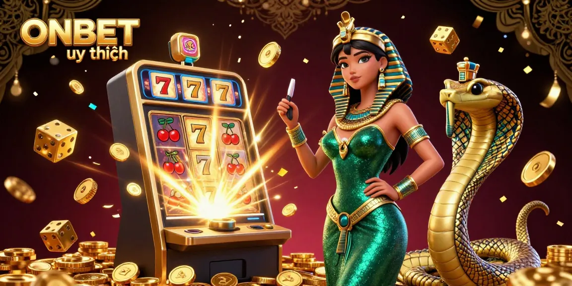 Engage with ONBET uy tín through an immersive illustrated casino scene featuring a golden slot machine and vibrant gaming elements.