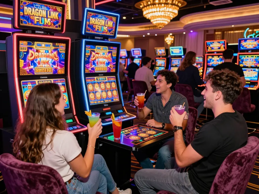 Exciting gaming moment at a Dragon Link slot machine with friends enjoying the thrill of link slots