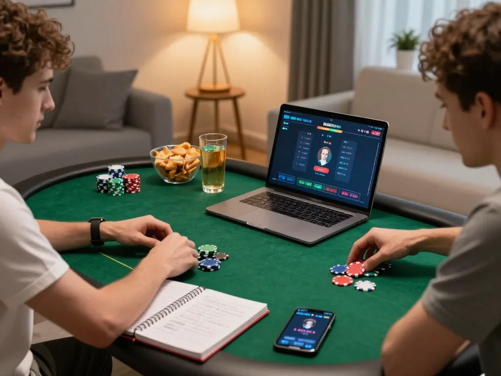 Play poker online from home in a cozy gaming setup with snacks and strategic notes.