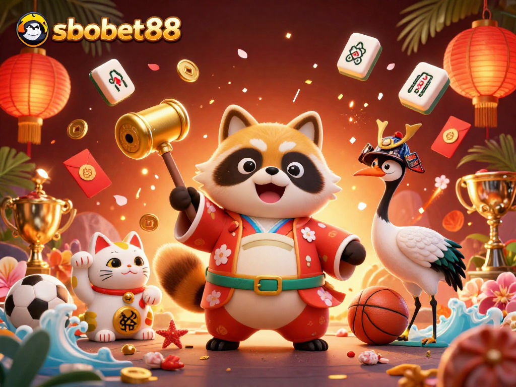 Join sbobet88's vibrant world of online betting with fun characters and festive gaming elements.