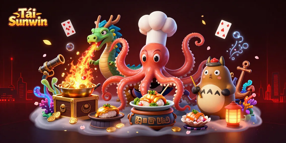 Experience the thrill of Tải Sunwin with colorful casino elements in a vibrant underwater scene featuring an octopus chef and dragon!