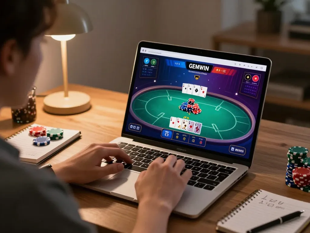 GEMWIN user actively engaging with poker gameplay on a sleek laptop, showcasing an immersive online gaming experience.