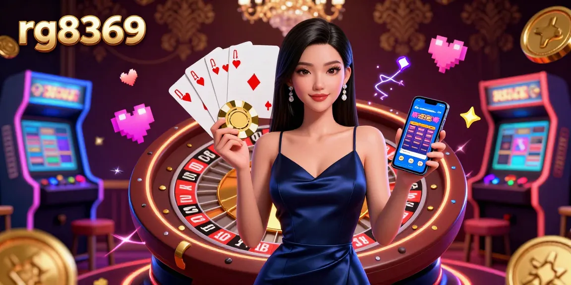 Experience thrilling gaming with rg8369, featuring an elegant Asian woman holding a casino app and golden chip.