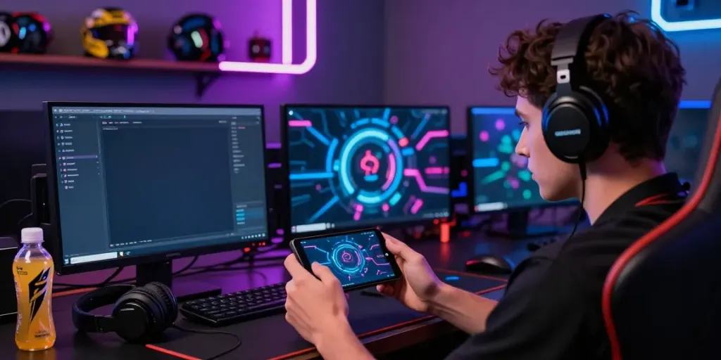 Gamer using the ORION88 app on a mobile device in a vibrant gaming setup.