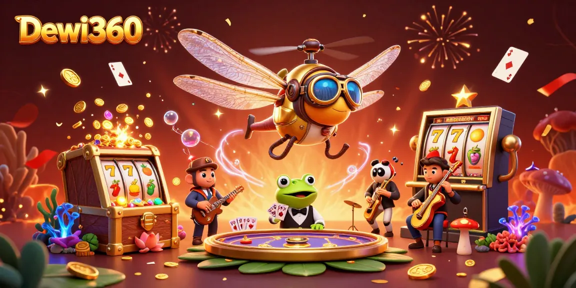 Dewi360 menyajikan suasana meriah kasino digital dengan croupier katak dan pemain jazzy dalam ilustrasi 3D.