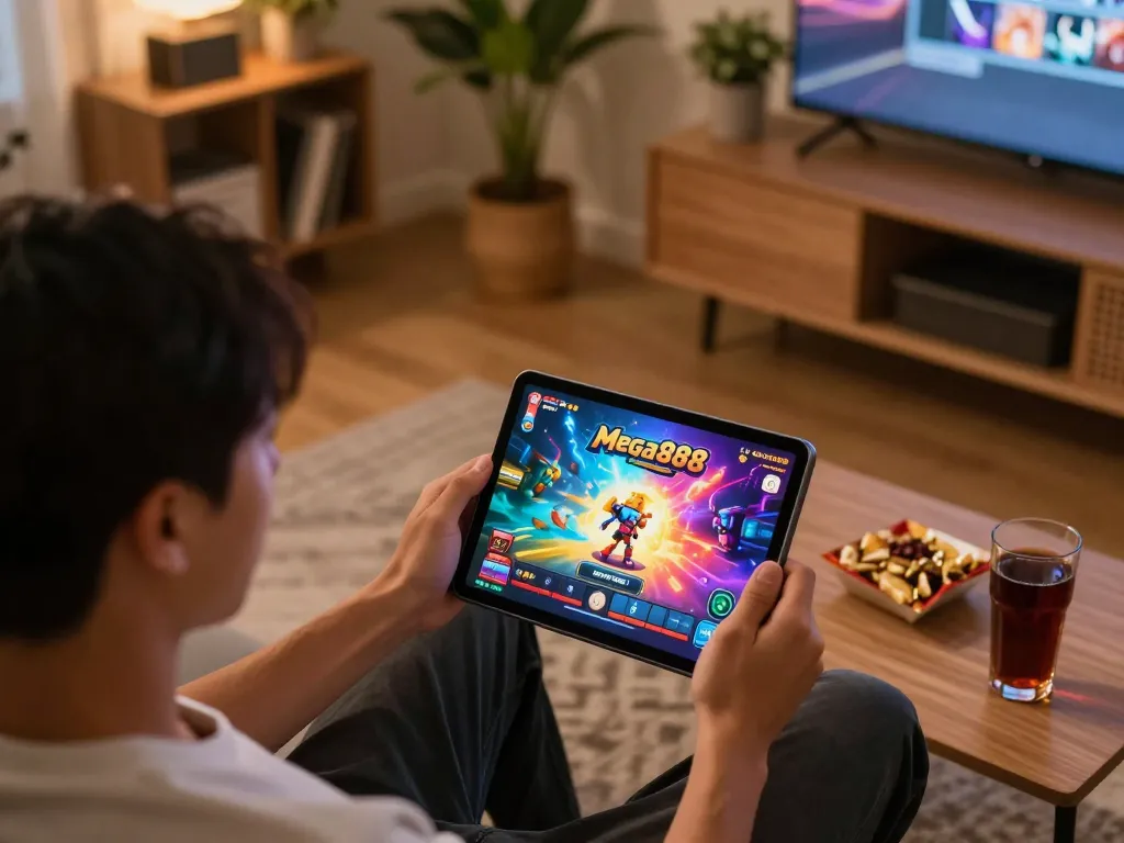 Mega888 download in action on tablet with immersive game graphics and cozy setup for responsible gaming