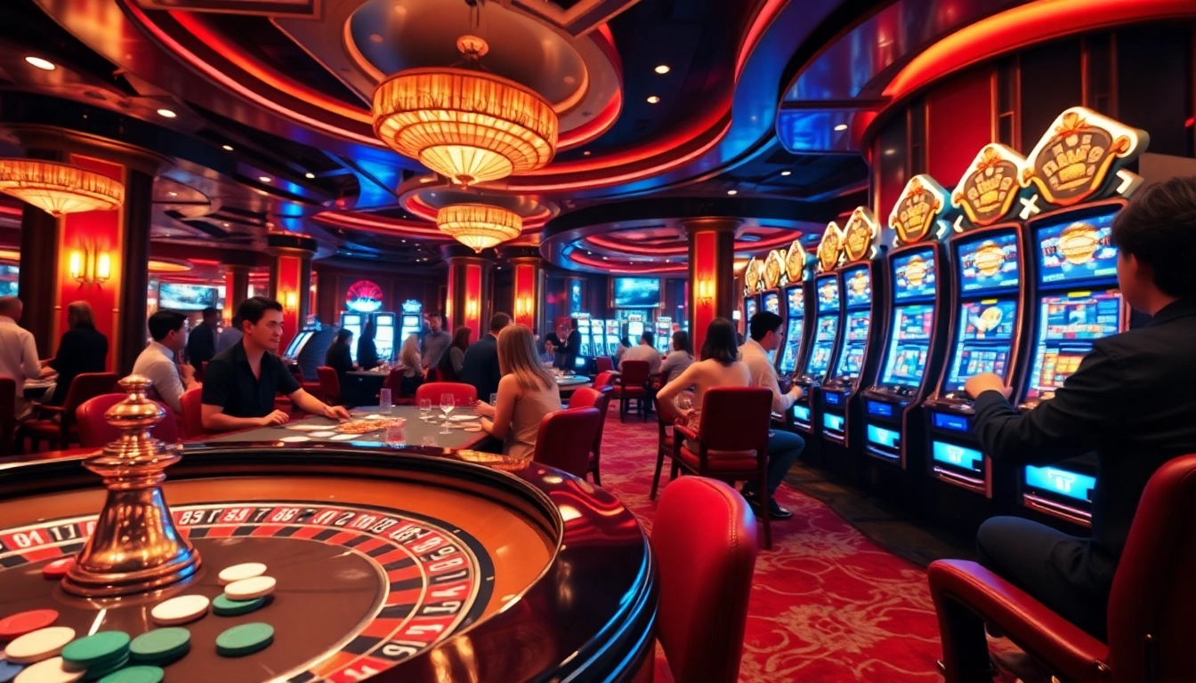 A vibrant casino scene at https://vin88ac.com/ with players engaged in poker and roulette.