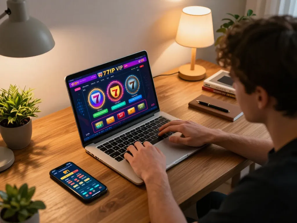 Player engaging with the 777VIP online gaming platform on a laptop, showcasing a comfortable home betting setup.