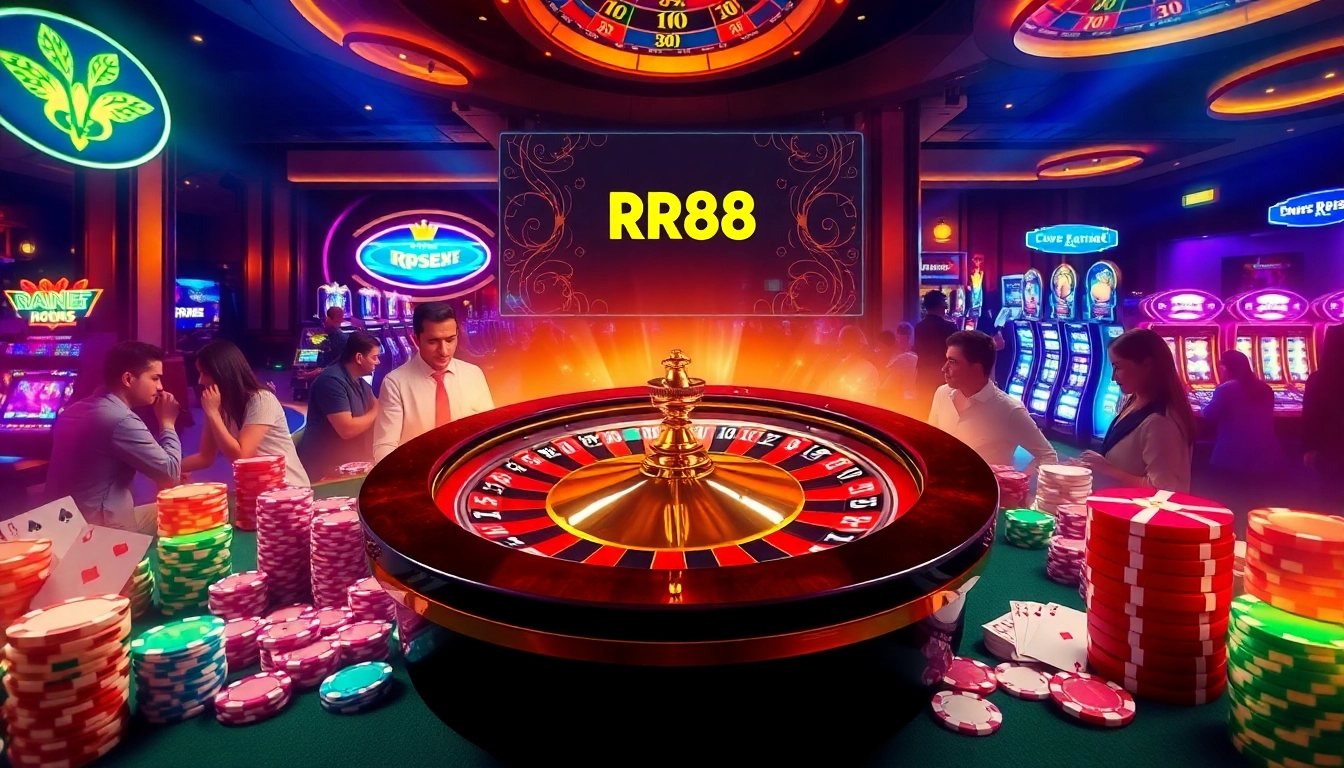 RR88 players excitedly placing bets at a luxurious casino table with roulette, cards, and chips.