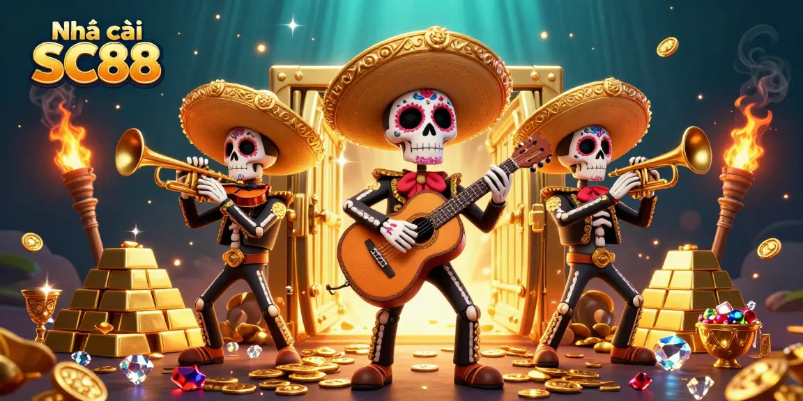 Experience the exciting atmosphere at Nhà cái SC88 with a vibrant mariachi band amidst treasures and casino elements.