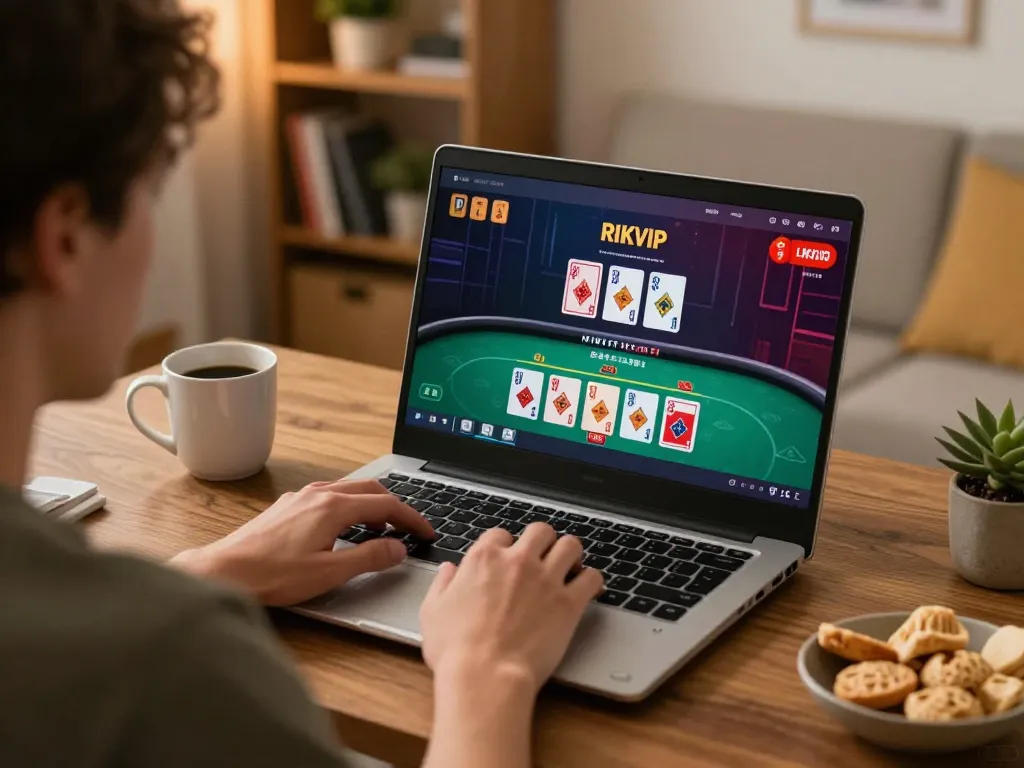 Player engaged with RIKVIP poker game on laptop, showcasing a comfortable home gaming setup.