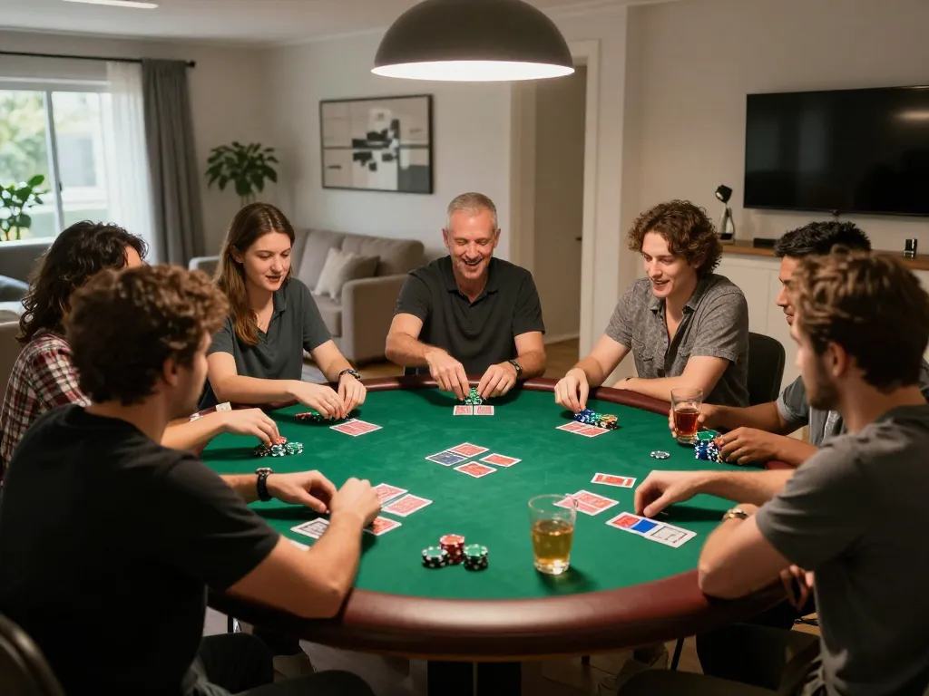 Kdslot players huddled around a poker table, showcasing an exciting home game night atmosphere with colorful chips and cards