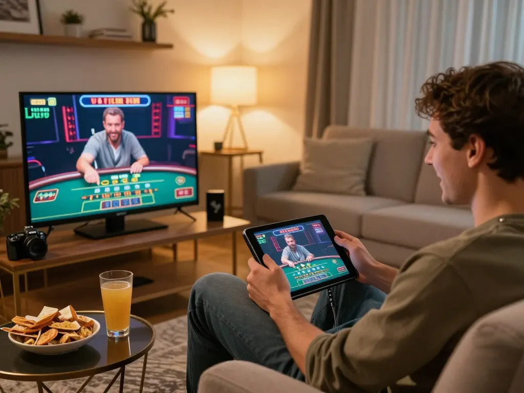 Player enjoying live dealer games on tablet at home with thrills of tr88 gaming experience
