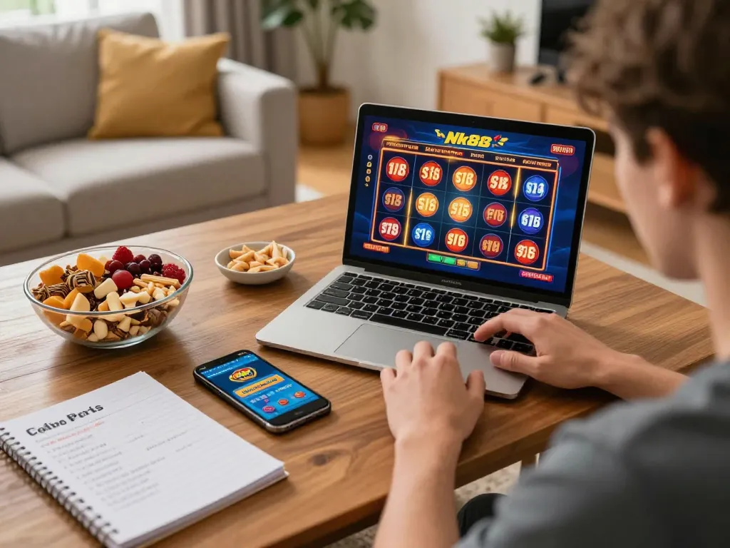 Nk88 player enjoying an online slot game on a laptop in a cozy home setting with betting strategy notes.