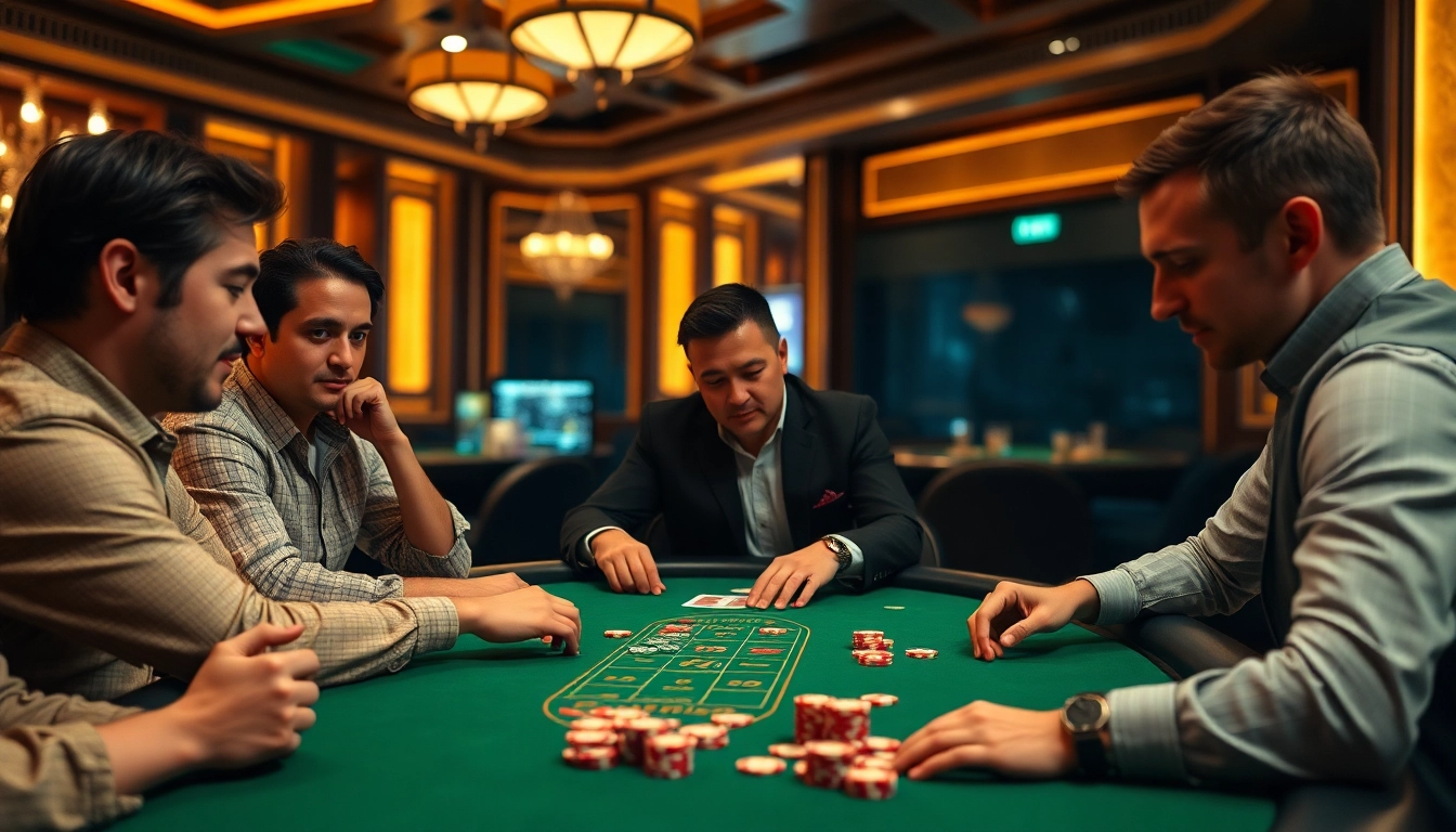 Landaktoto menampilkan pemain poker yang terlibat dalam permainan di meja mewah.