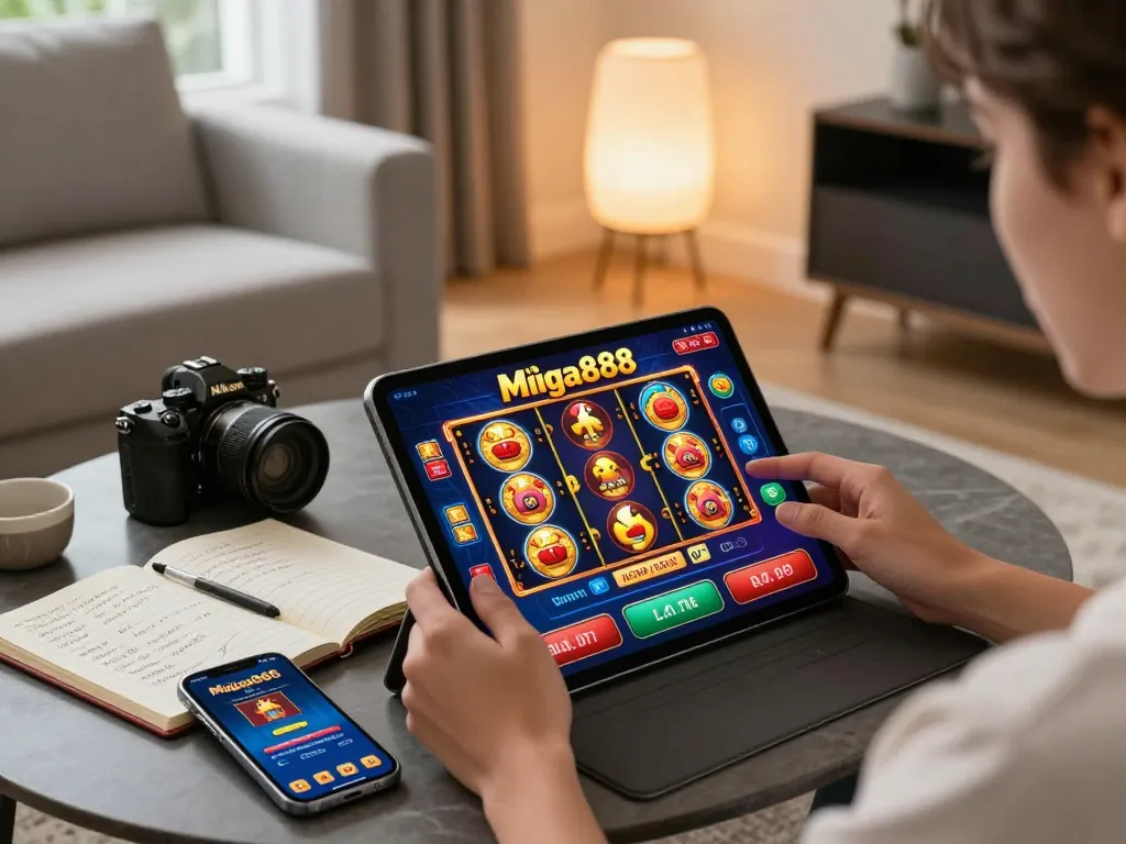 Mega888 players enjoy vibrant slot game on tablet in a cozy living room.