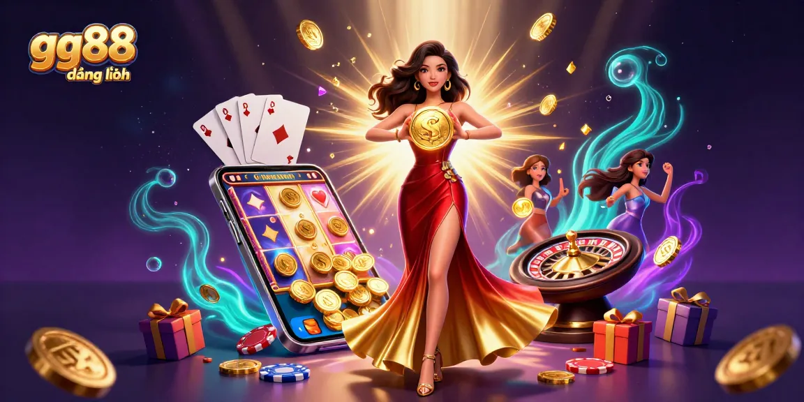 Experience thrilling gaming vibes with gg88 đăng nhập, as a beautiful Asian woman holds a golden coin amidst a waterfall of coins.
