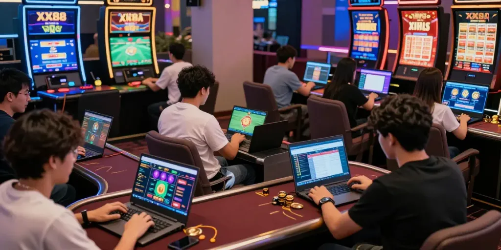 Players enthusiastically engaging with the XX88 online gambling platform, showcasing diverse gaming activities.