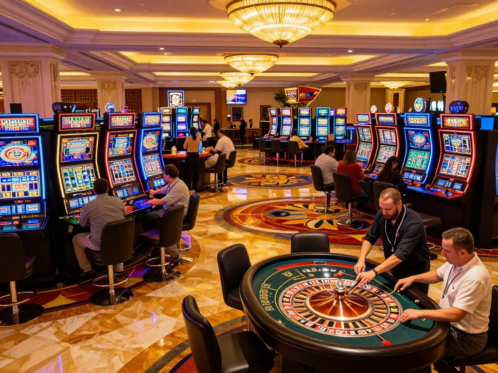 IDNSCORE RESMI players celebrating wins at a vibrant casino slot machine area with dynamic lighting.