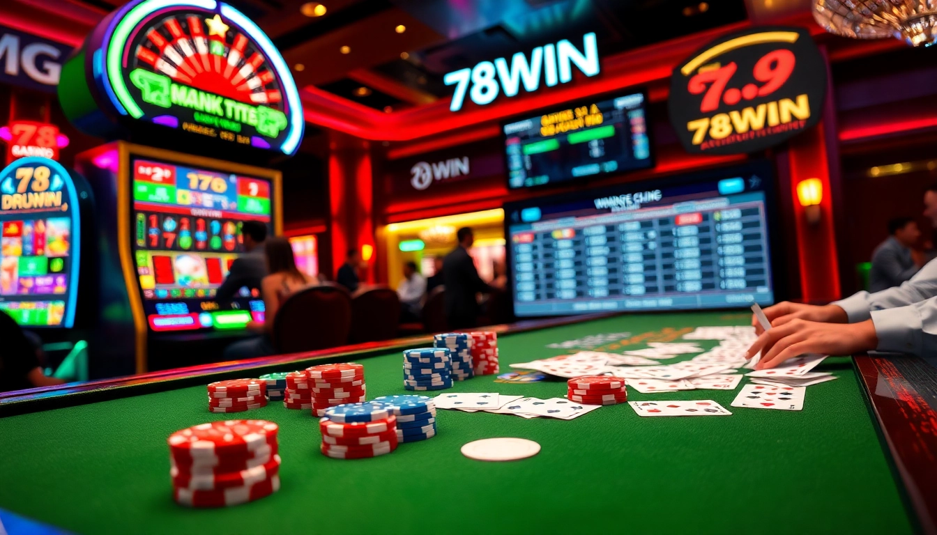 Experience thrilling betting at 78WIN with lively casino tables and vibrant slot machines.