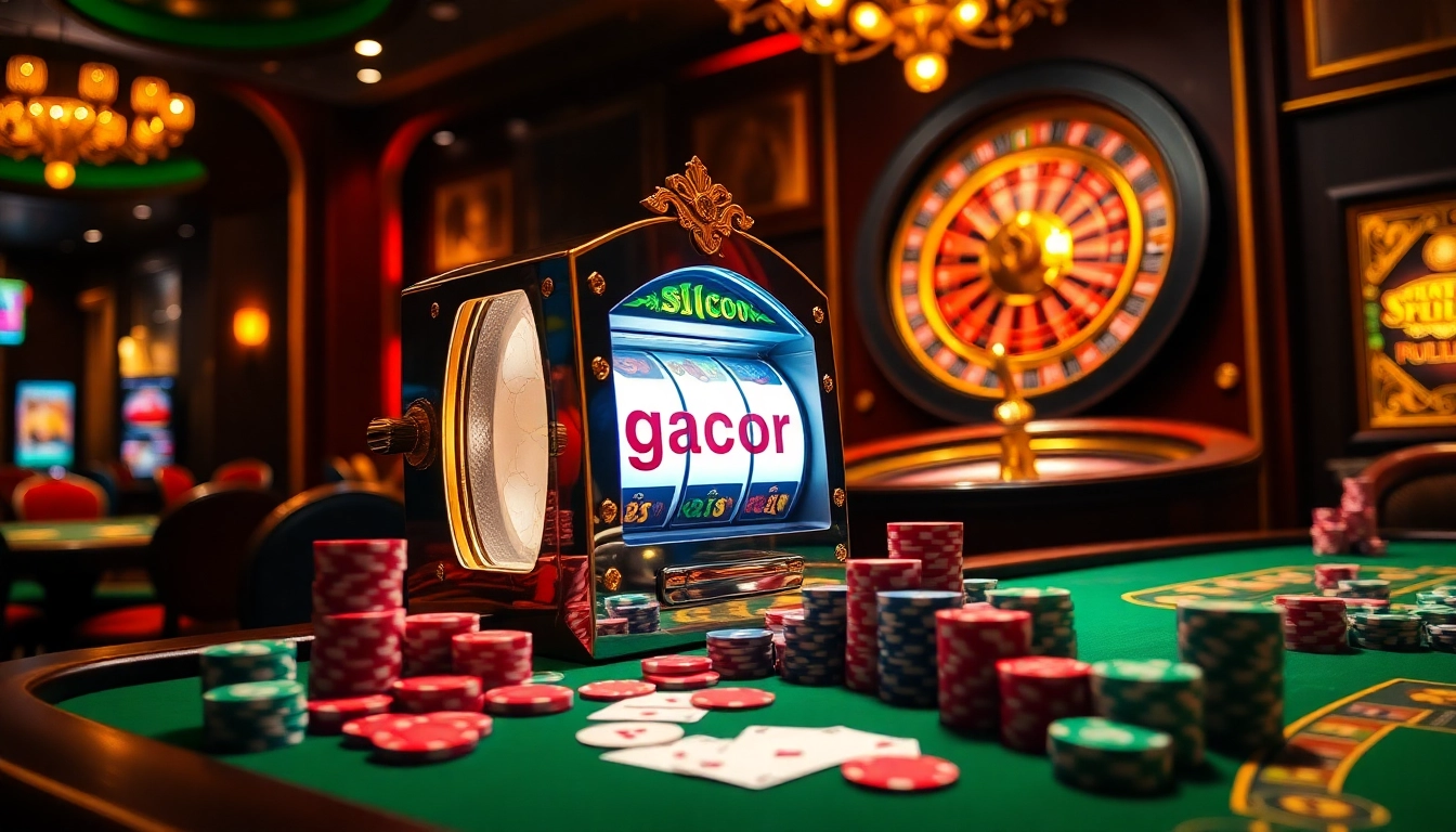 Suasana menarik yang menampilkan slot gacor di mesin slot kasino yang penuh warna, dikelilingi oleh chip poker dan kartu.