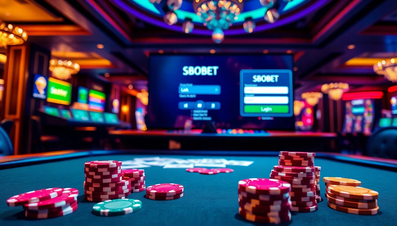 Sbobet link login showcased on a vibrant casino table filled with poker chips and cards, exuding excitement.