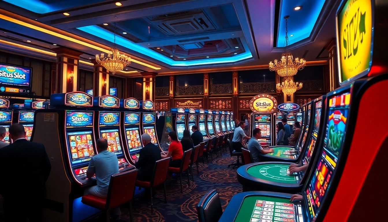 Situs Slot scene showcasing players enjoying modern machines with vibrant graphics in a luxurious casino.