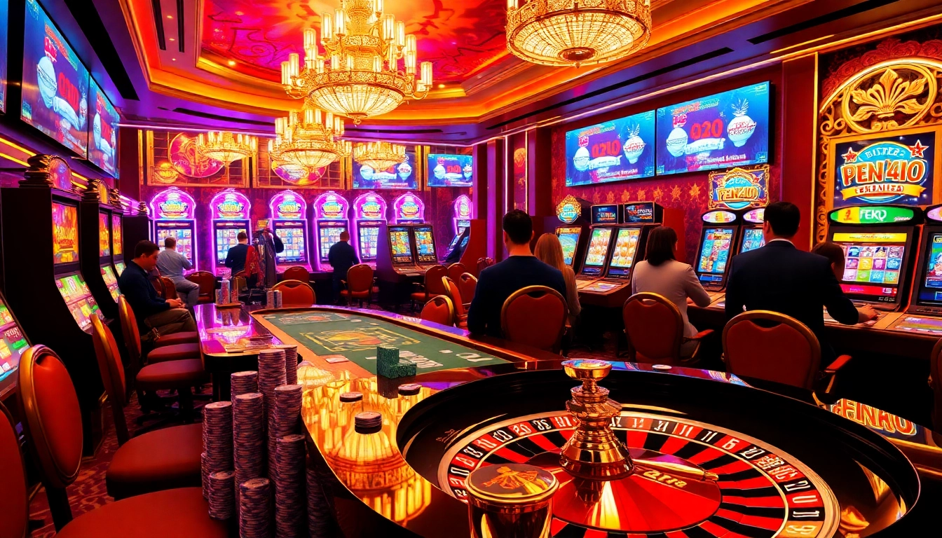 A busy casino scene with players enjoying PEN 4D slot machines, colorful chips, and vibrant roulette tables.