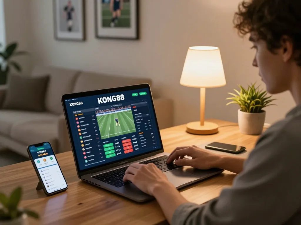KONG88 user engaging with online sports betting platform, showcasing live odds and betting strategies.