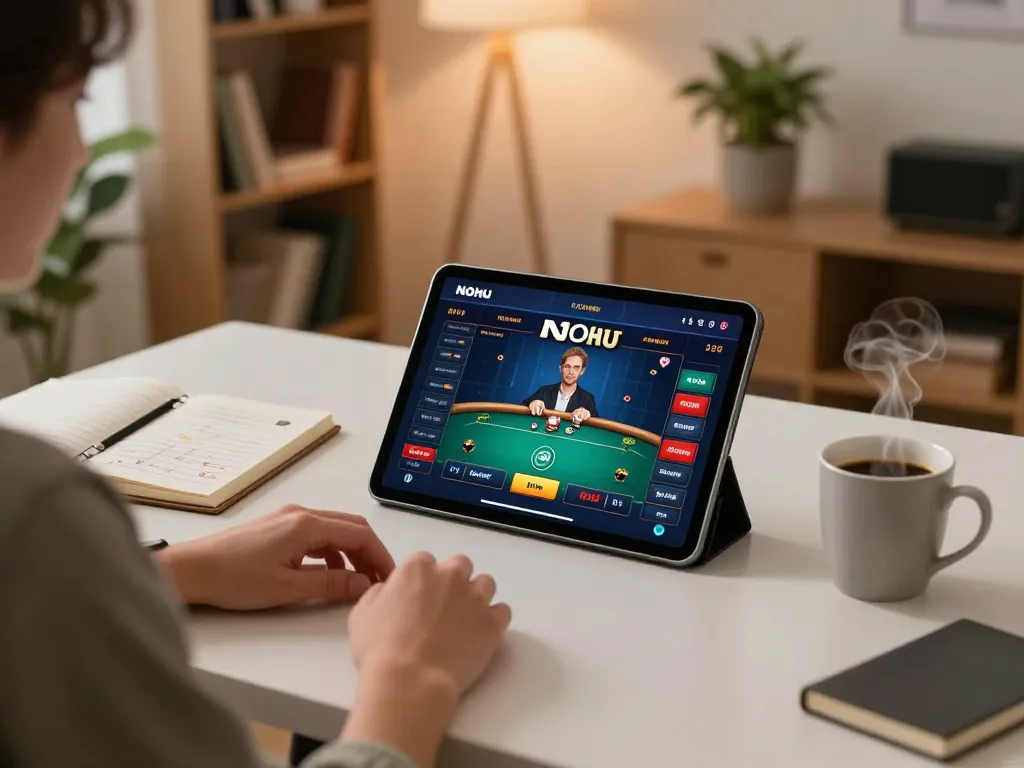 Nohu online gaming experience with a player using a tablet for strategic poker gameplay.