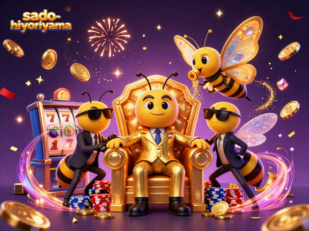 Spin to win with sado-hiyoriyama's colorful slot reels, sparkling gems, and vibrant casino atmosphere.