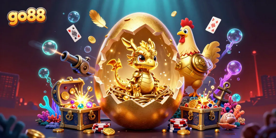 Engage in the go88 gaming experience with a stunning 3D illustration of a golden egg dragon amid casino treasures.