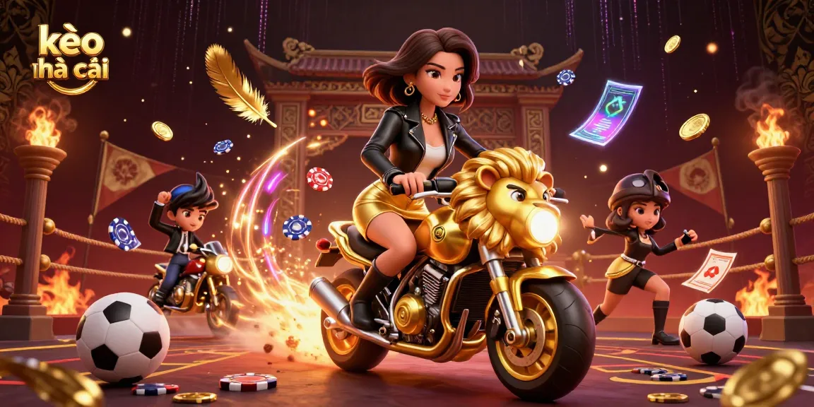 Engaging scene showcasing kèo nhà cái with an Asian woman riding a golden lion, surrounded by dynamic sports betting elements.