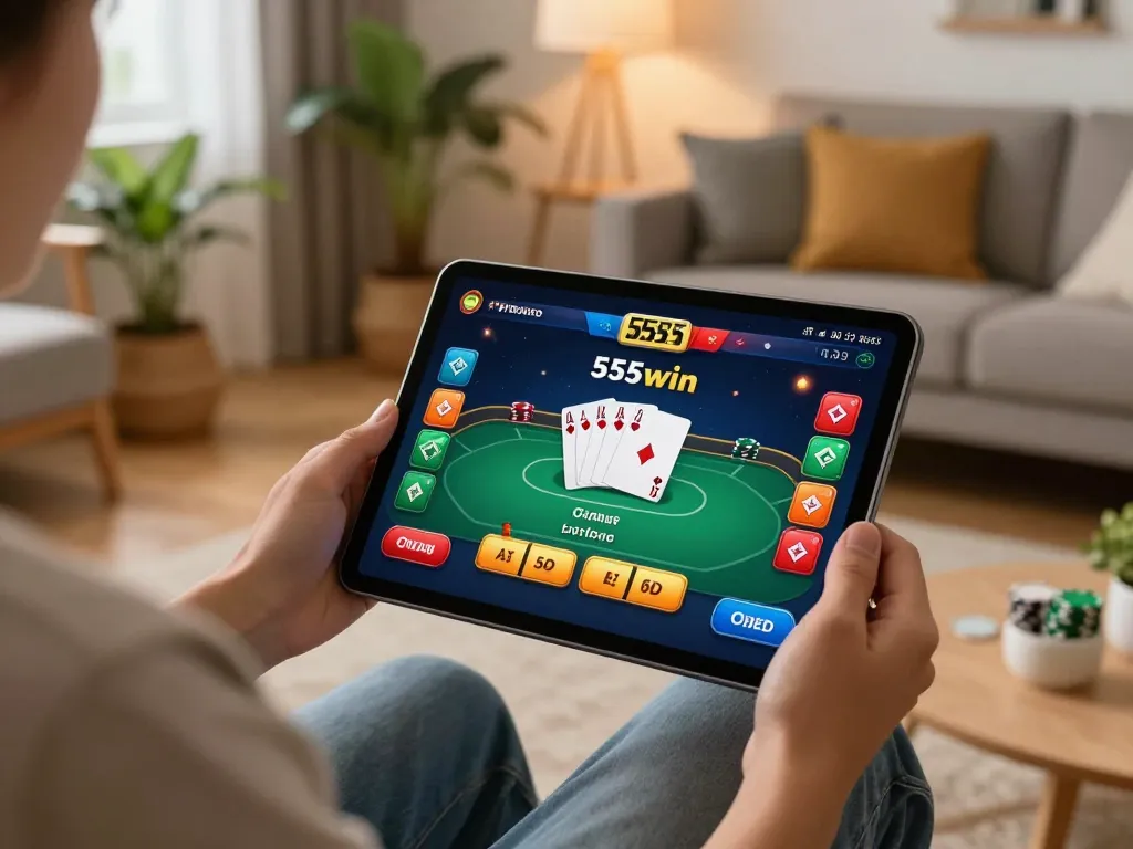 Engaging with the 555win app while playing poker at home, showcasing modern gaming.