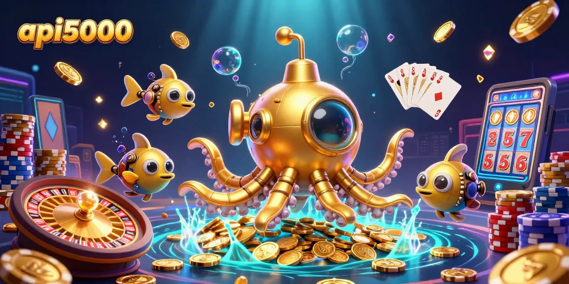 Mengambil momen kemenangan api5000 dengan monster kraken dan ikan mekanis dikelilingi oleh koin emas yang berkilau.