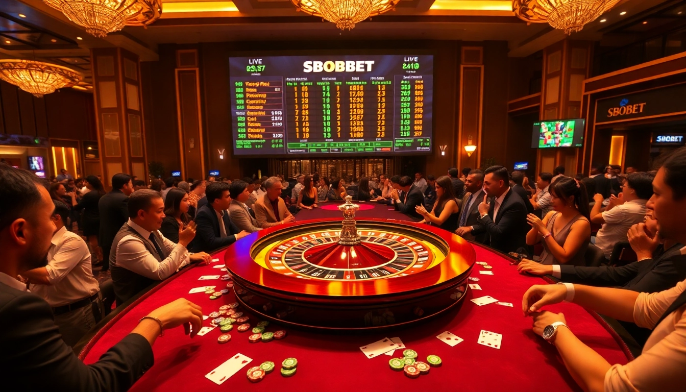 Exciting SBOBET roulette table bustling with players and vibrant poker chips in a luxurious casino scene.