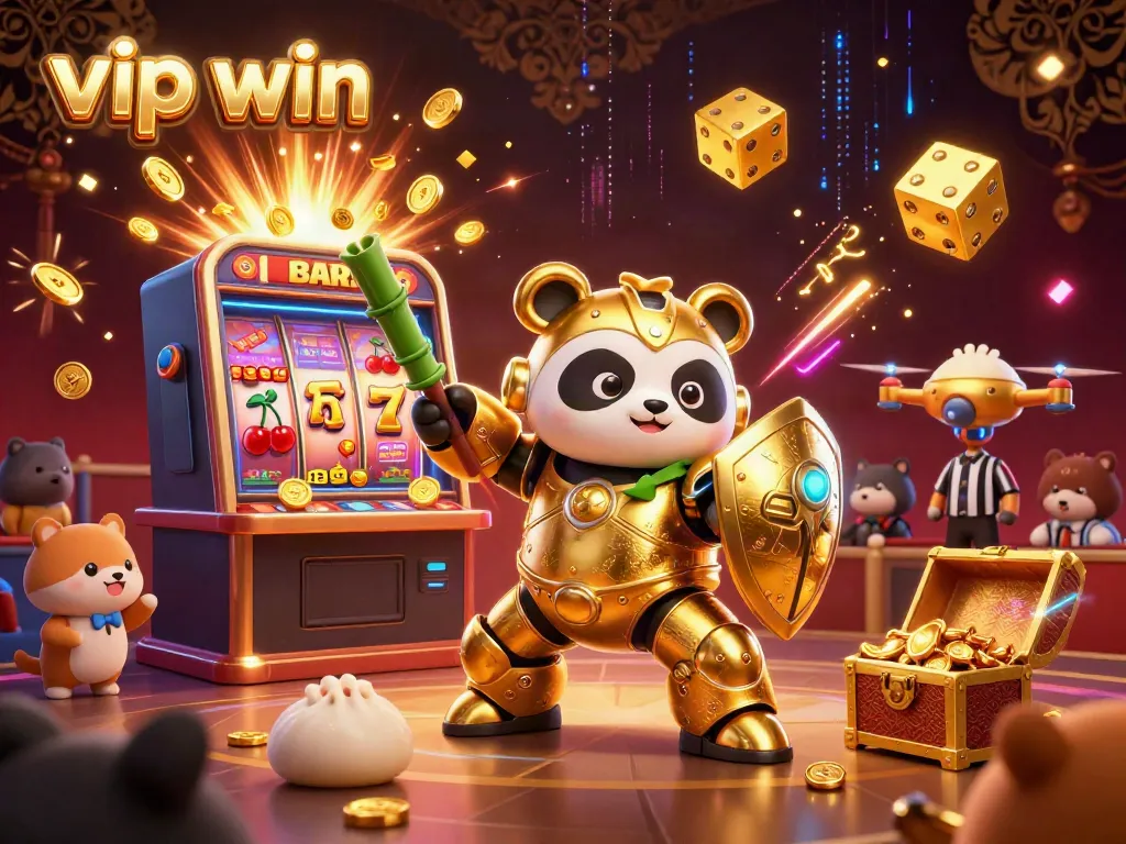 Experience a thrilling vip win moment with immersive golden panda characters, jackpot slots, and dazzling casino effects.