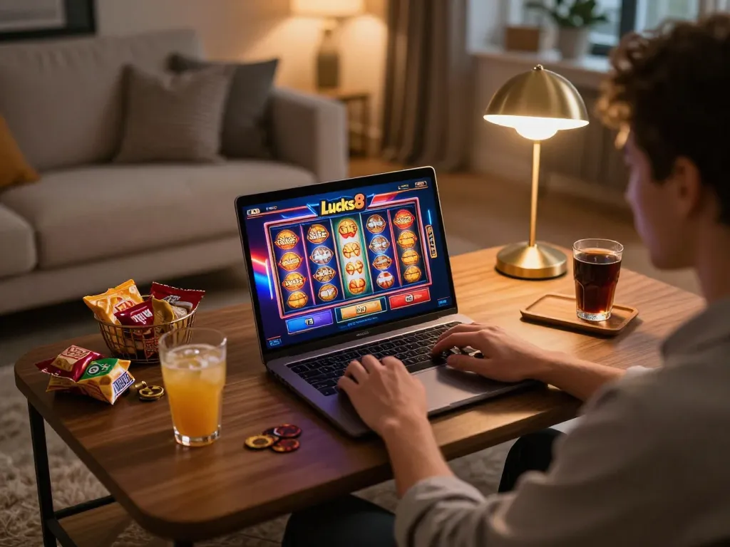 Engaged player enjoying lucks8 slots on a laptop in a cozy home environment