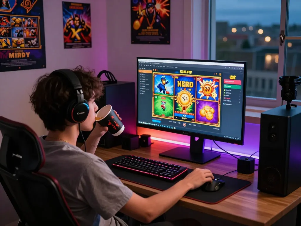 Exciting kdslot gaming scene featuring a player engaged with the KDSLOTS platform at home, showcasing vibrant gameplay and a comfortable setup.